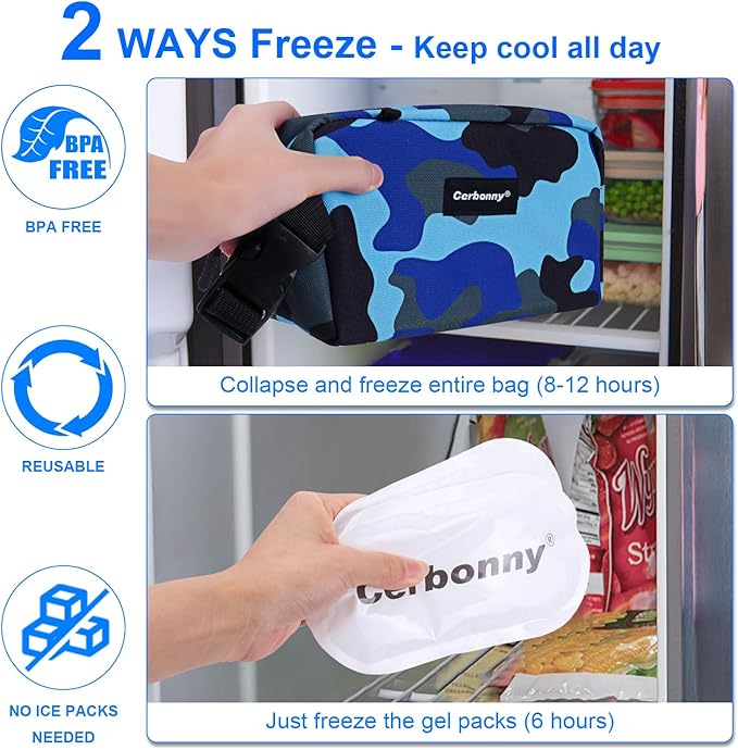 Cerbonny Small Insulated Cooler Bag, Freezable Lunch Bag for Work School Travel, 2.2L, Blue Camo