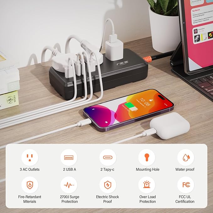 Surge Protector Power Strip,7-in-1 with 6 FT Flat PlugExtension Cord,Surge Protector,with 3 AC Outlets 2USB A,2USB C Outlets for for Home, Office, Dorm Essentials,UL FCC Listed Visit The ZZJ Store