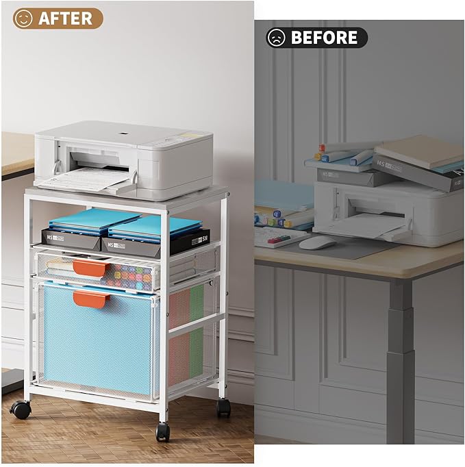 Marbrasse Rolling File Cart with Handle, Mobile File Cabinet on Lockable Wheels, Office Filing Cabinet Organizer, Printer Stand with Hanging File Folder Organizer for Home Office - White