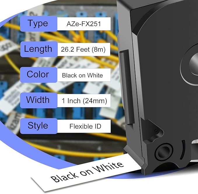 2PK TZe-FX251 1" Compatible for Ptouch Flexible ID Laminated Tape TZ-FX251 24mm 0.94 White Cable Wire Labels Tape for PT-D600 PT-D610BT PT-P710BT P700 Label Maker