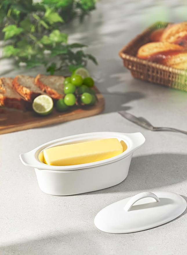 Butter Dish with Lid for Countertop - Porcelain White, 3pcs Large Butter Dish with Lid, Butter Keeper Container with Waterline Pefect for Daily Storage, Butter Holder with Handle - for Kitchen Decor