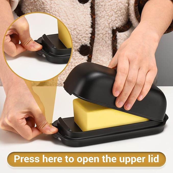 AONCO Butter Dish with Lid, Butter Container Holds for Countertop, Unbreakable Butter Keeper for Home Kitchen Decor, Perfect for East/West Coast Butter, BPA-free, Microwave/Dishwasher Safe (Black)