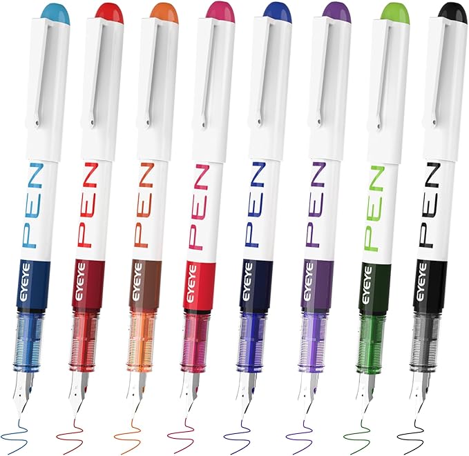 EYEYE Fountain Pens for Writing, 8 Pack Assorted Colors Fine Point Disposable Fountain Pens Stainless Steel Nib, Smooth Writing for Calligraphy, Journaling, Drafting, Sketching, Doodling & Gifts