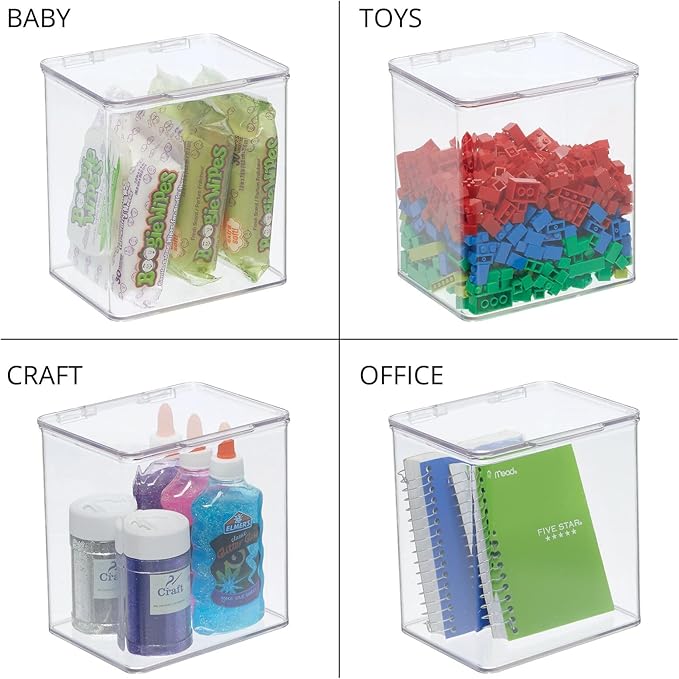 mDesign Kids Plastic Stackable Toy Storage Organizer Box Container with Hinged Lid for Storing Action Figures, Crayons, Building Blocks, Puzzles, Wood Construction Sets, Cars, 2 Pack - Clear