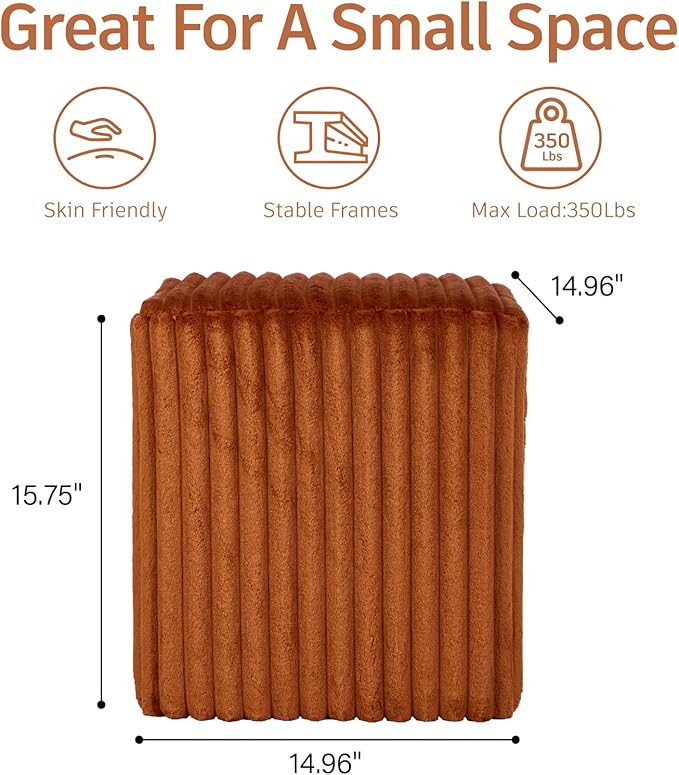 Modern Square Ottoman 2Pcs, Vertical Channel Tufted Foot Stool Ottoman, Velvet Upholstered Vanity Stool for Makeup, Bedroom, Living Room, Dark Orange