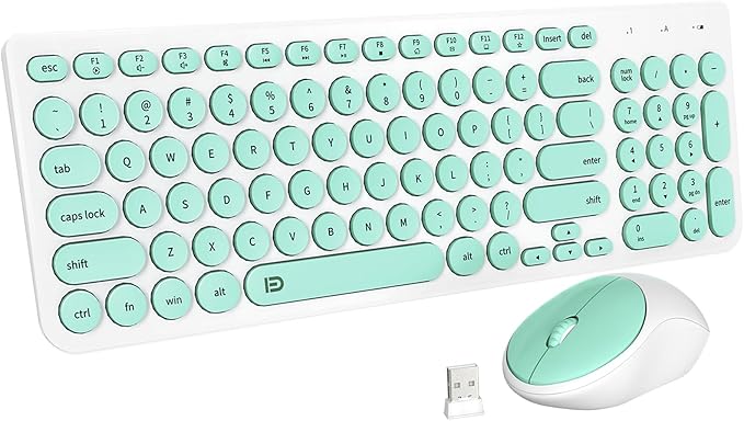 FD Wireless Keyboard and Mouse Combo - 2.4GHz USB Cordless, Cute Round Keys, Quiet and Slim Set for Laptop, Computer, TV, and Mac - Mint Green & White