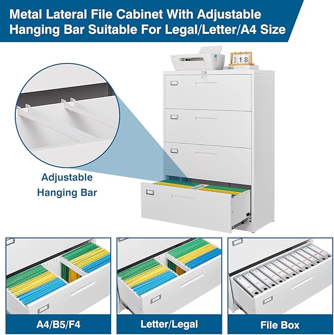 4 Drawer File Cabinet, Lateral Filing Cabinets for Home Office, Office Storage Drawers with Lock, Hanging Files Legal/Letter A4 Size (Assemble Required,White)