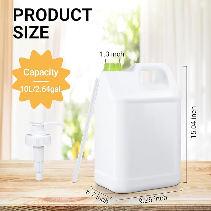 Plastic F-Style Jug Reusable Food-Safe, Heavy-Duty HDPE Containers for Water, Sauces, Soaps, Detergents, Honey Liquids with Screw-On Cap and Pump Cap (White, 2.64 Gallon 2-Pack)