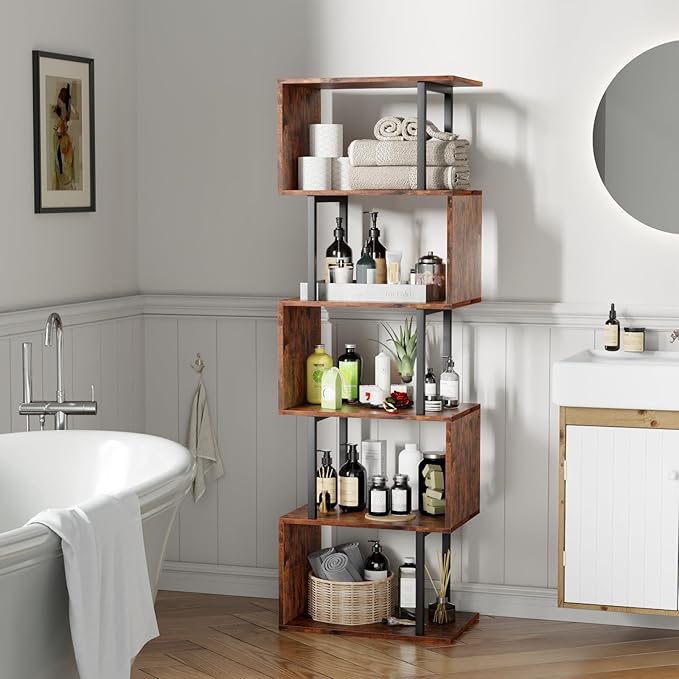 Furologee 6 Tier Bookshelf, Tall S Shaped Geometric Bookcase, Modern Display Shelf Standing Unit, Wood Metal Decorative Divider Rack for Living Room Bedroom Office, Rustic Brown