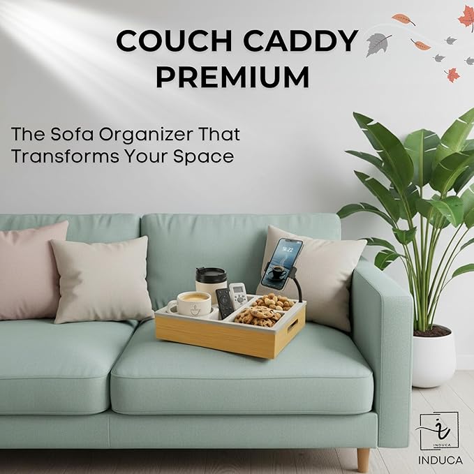 Couch Caddy with Cup Holder | Bamboo Couch Cup Holder Tray for Drinks, Snacks & Remotes | Couch Tray for Bed, Car Seat & Beach Organizer (Grey)