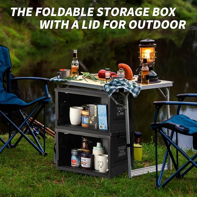 Collapsible Storage Bins with Lids, Portable Foldable Box with 2 Side Doors, Organizing Stackable Storage Cases Large Heavy Duty Utility Crates for Camp Fishing Car RV Office (Extra Large-45L)