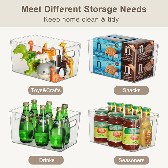 Clear Storage Bins 8 Pack for Fridge,4 Large Plastic Pantry Organizer Bins and 4 Small Stackable Storage Containers for Home Edit, Kitchen, Freezer, Bathroom, Under Bed, Vanity Drawers