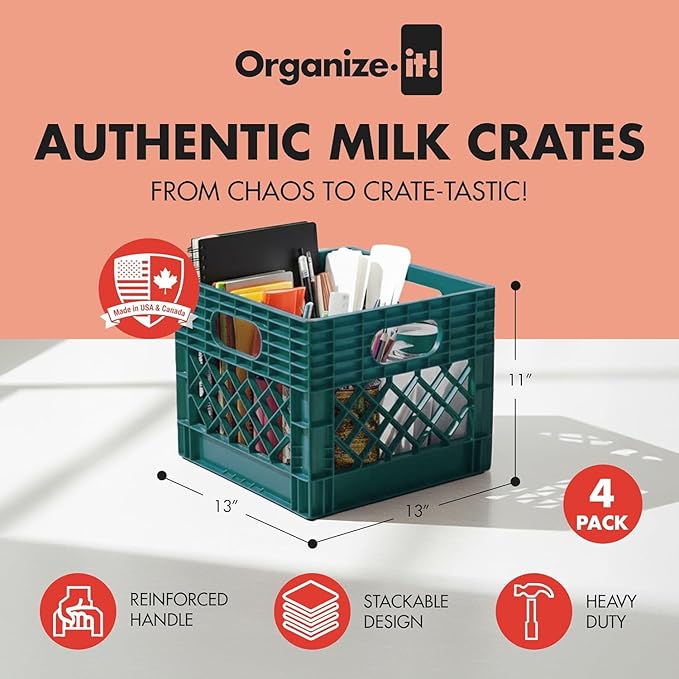 ORGANIZE-IT! Authentic Milk Crate, 4 Pack - Heavy-Duty Storage Crate, Easy-Grip Handles, Versatile Storage Crate Box, 13" L x 13" W x 11" H (Teal)
