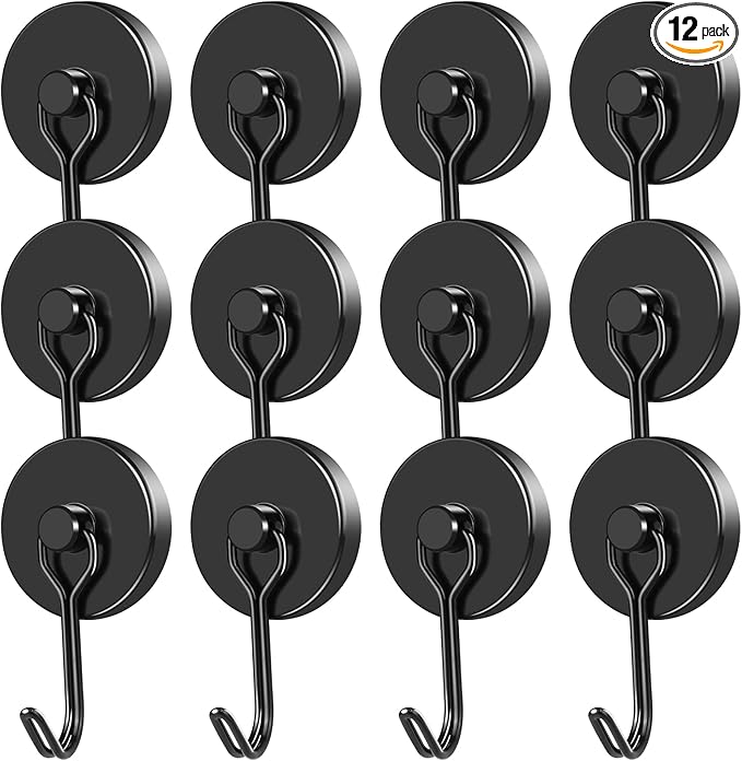 MIKEDE Strong Magnetic Hooks, 120LB Swivel Magnetic Hooks Cruise, Black Neodymium Magnet Hooks Heavy Duty for Hanging, Grill, Cruise Cabins, Refrigerator, Grill, Kitchen, Locker - Pack of 12