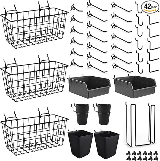 Pegboard Basket Organizers, Peg Board Large Baskets Hooks Bins Cups Tool Organizer 42 Pack Set, Wall Storage Display Hanging Accessories for Craft Office Stadio Shed Garage Organization (Black)