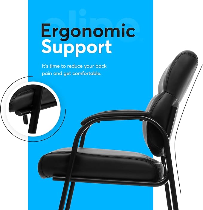 Oline Leather Guest Chair with Padded Arms, Reception Meeting Conference Waiting Room Lobby Home Desk Big and Tall Executive Office Chair, Black (1 Pack)