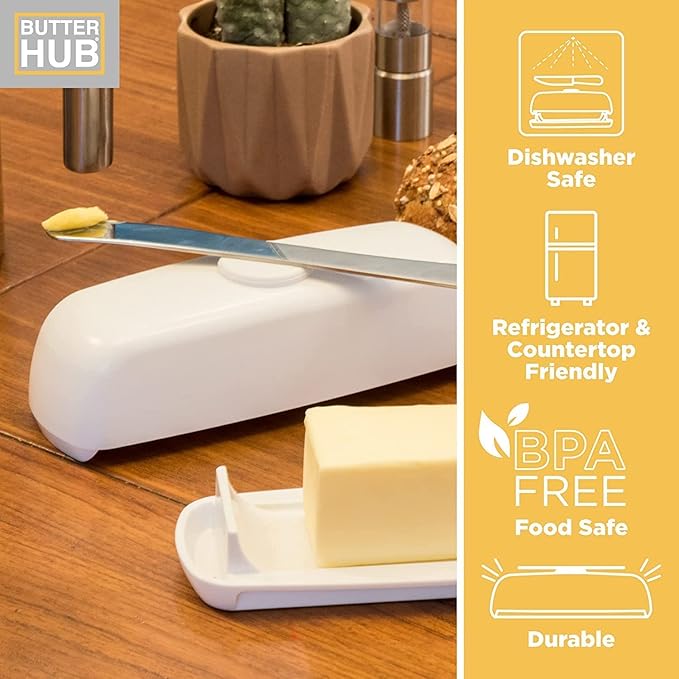 Butter Hub Extra Large Butter Dish with Lid and Knife, European Size Magnetic Butter Keeper, Easy Scoop, No Mess Lid, Plastic, Dishwasher Safe (White, European / 2 Sticks)
