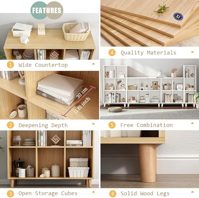 IOTXY Open Cube Low Bookcase - 3-Tier Freestanding Storage Display Cabinet Organizer with Legs for Home Office, 3-Cubes Open Shelf Short Bookshelf, White