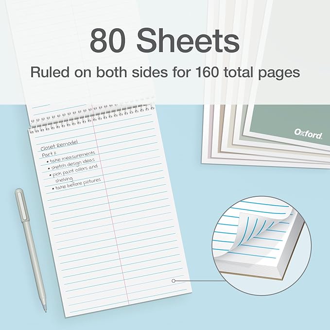 Oxford Steno Spiral Notebooks, Top Bound Steno Pads, 6x9 Inches, Gregg Ruled for Lists, White Paper, Asst. Neutral Covers, 80 Sheets, 6 Pack (1007113)