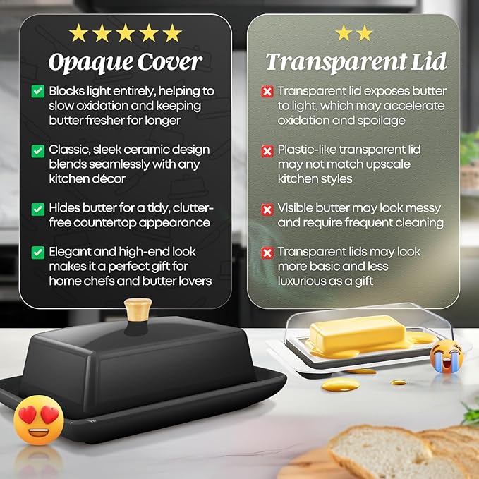 Flexzion Ceramic Black European Butter Dish with Lid for Countertop (8 Inch) - Wide 2 Stick Double Butter Holder for Counter, Cream Cheese Container Storage Keeper