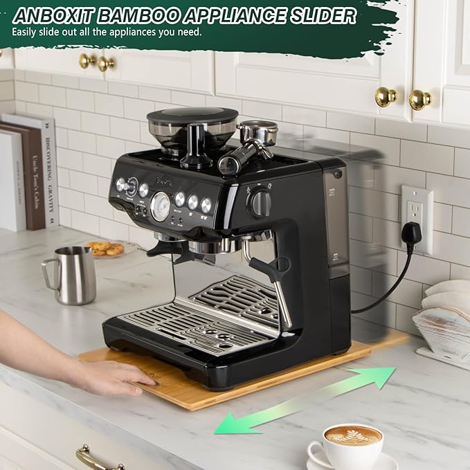 Bamboo Appliance Slider, Sliding Tray for Coffee Maker, Kitchen Countertop Appliance Rolling Tray, Coffee Pot Slider Tray with Rubber Wheels, Deep - Large (16"D x 12"W)