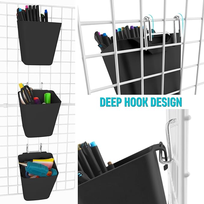 G.CORE Large Grid Wall Bins - 6Pack Black Gridwall Accessories Hanging Cups with Back Hooks - Plastic Grid Wall Panels Organizers Wire Shelves Holders for Garage Garden Craft Office Tools Storage