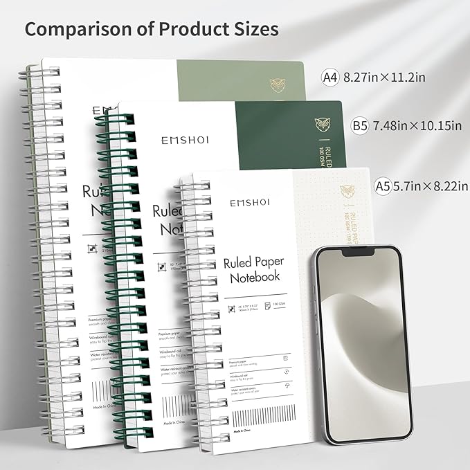 EMSHOI Lined Journal A4 Spiral Notebook, College Ruled Notebook, 300 Pages/150 Sheets, 100gsm Acid-Free Paper, Waterproof Softcover Notebook for School, Work, Writing, 8.27" × 11.2" - Dark Green