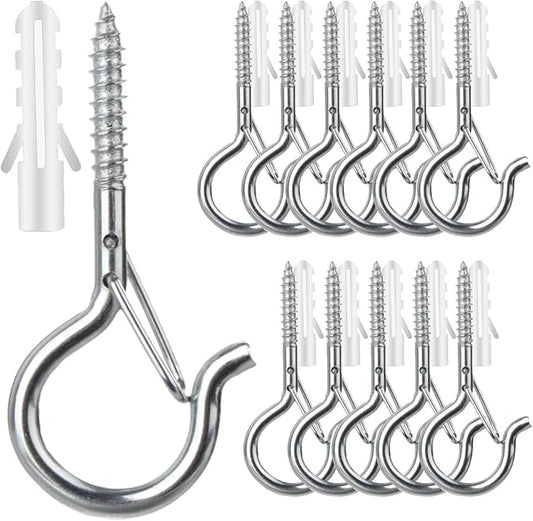 12 PCS Q-Hanger Hooks, Screw Hooks for Outdoor String Lights, Safety Buckle Design Cup Eye Hook for Hanging Christmas Lights, Plants, Wind Chimes, Mounted on Wall Ceiling, Windproof, Silver