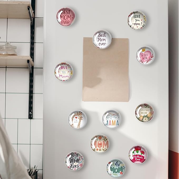 12Pcs Glass Refrigerator Magnet Fridge Sticker,Mothers Day Fridge Magnets Decoration for Crafts,Strong Fridge Magnets for Kitchen, School,Office Whiteboard, Cabinet and Dishwasher