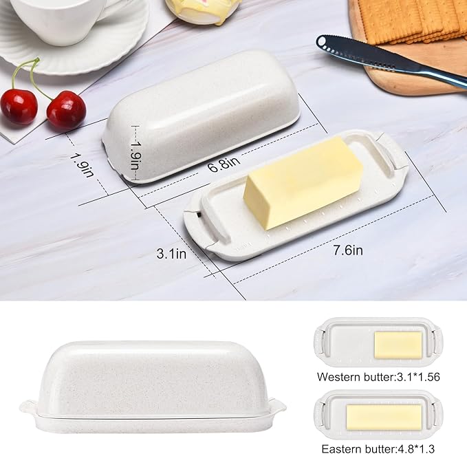AONCO Butter Dish, Beige Wheat Straw Butter Container Holds with Lid for Countertop, Unbreakable Reusable Butter Keeper for Home Kitchen Decor, Perfect for East/West Coast Butter, Eco Friendly