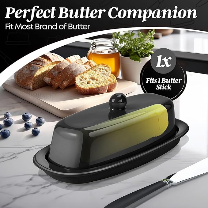 Flexzion Ceramic Black European Butter Dish with Lid for Countertop (7 Inch) - 1 Stick Butter Holder for Counter, Cream Cheese Container Storage Keeper
