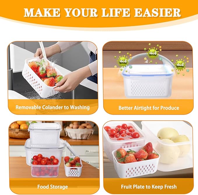 6 PCS Fruit Storage Containers for Fridge with Removable Colanders, Airtight Food Storage Container with Lids, Produce Saver, Leakproof Fridge Organizer Bins for Salad Berry Vegetables Keep Fresh