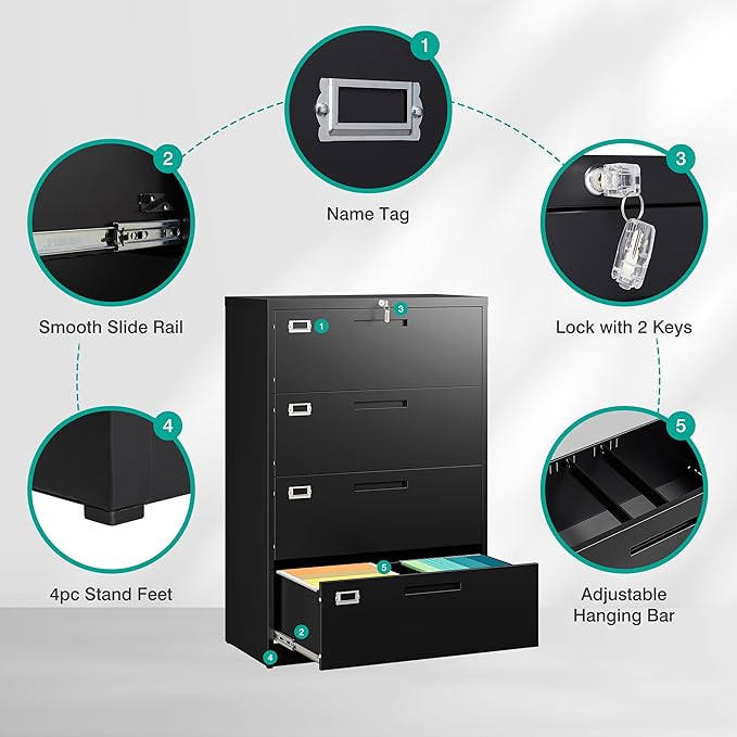 SISESOL 4 Drawer Lateral File Cabinet with Lock,Black Lateral Filing Cabinet,Horizontal Metal Filing Cabinet,Locked Wide Four Drawer File Cabinet for Office Home,Fit A4/F4/Letter/Legal File