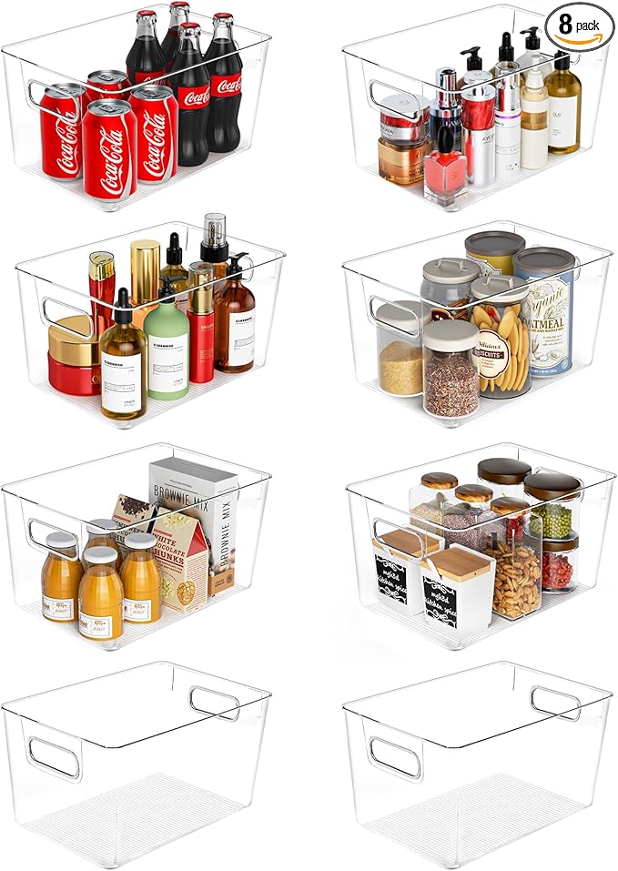 Clear Plastic Storage Bins 8 Pack - Pantry Organizers and Storage, Fridge Organizer for Kitchen, Cabinet, Freezer, Bathroom, Clost, Home Organization