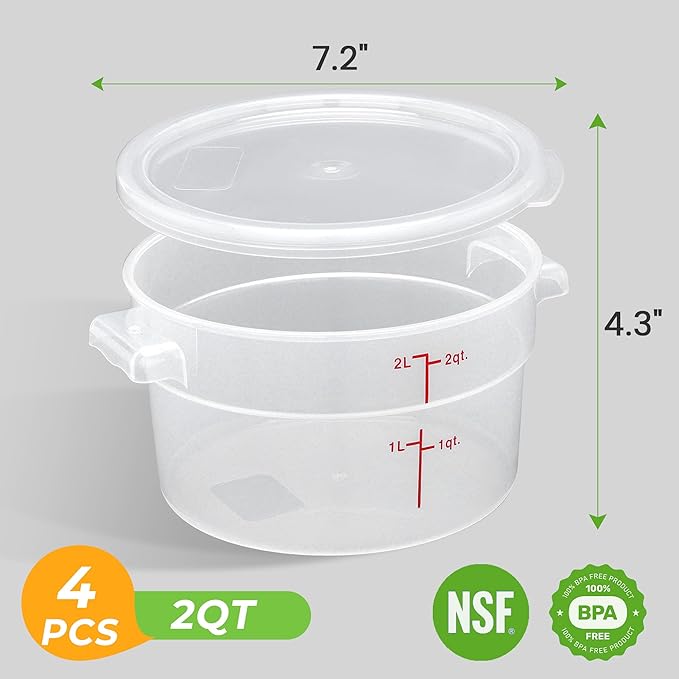 4 Pack Round Food Storage Containers with Lids, 2Qt Translucent, Polypropylene, BPA Free, Includes Labels & Measuring Cups