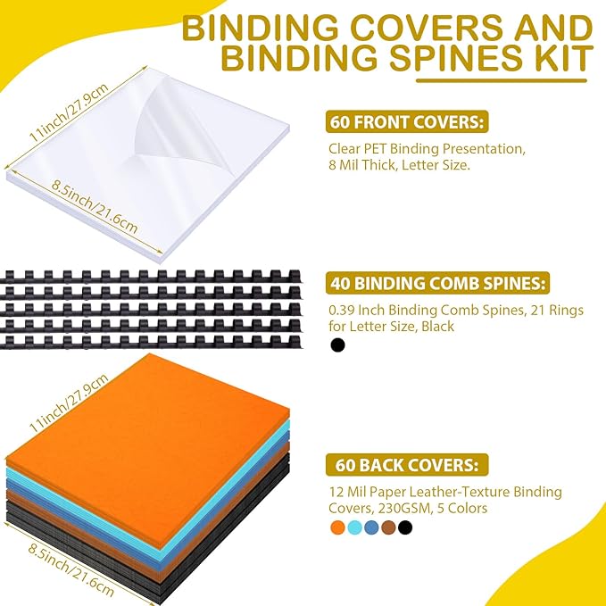 160 Pack Binding Covers and Combs kit 8.5x11 Inches Include 60 Pcs 12 mil Leather Texture Binding Cover 60 Pcs 8 mil Clear PET Presentation Covers 40 Pcs Binding Combs Letter Size(Elegant Color)