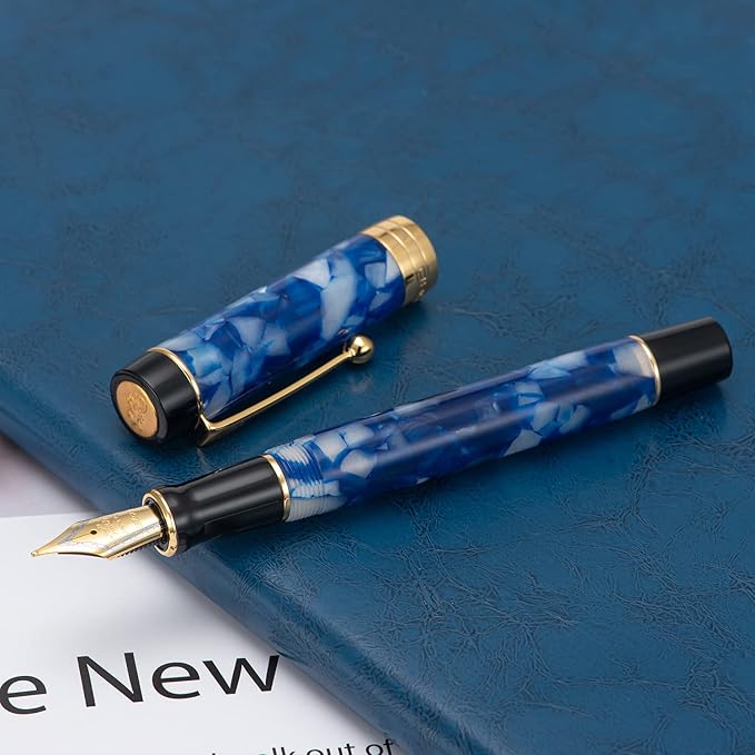 Jinhao 100 Fountain Pen Celluloid Classic Style, #6 Nib Smooth Writing Instrument with Refillable Converter and Pen Case Set