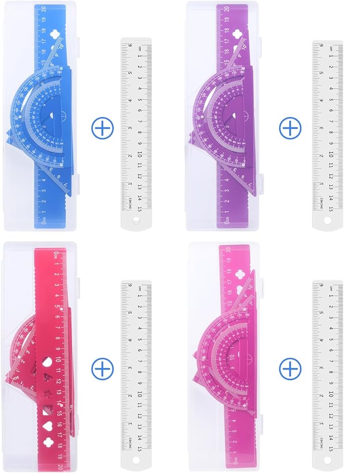 Honagu Triangular Ruler Set, 4+1Pieces Aluminum Alloy Ruler, Metal Drafting Ruler, Geometric Protractor for Students, School Office Supplies (Pink, 20cm)