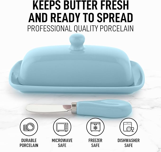 Zulay Kitchen Butter Dish With Lid For Countertop - Porcelain White, Ceramic Butter Dish with Knob Handle Great for Cooking - Elegant Design Butter Holder - Durable & Sturdy Butter Keeper - Light Blue