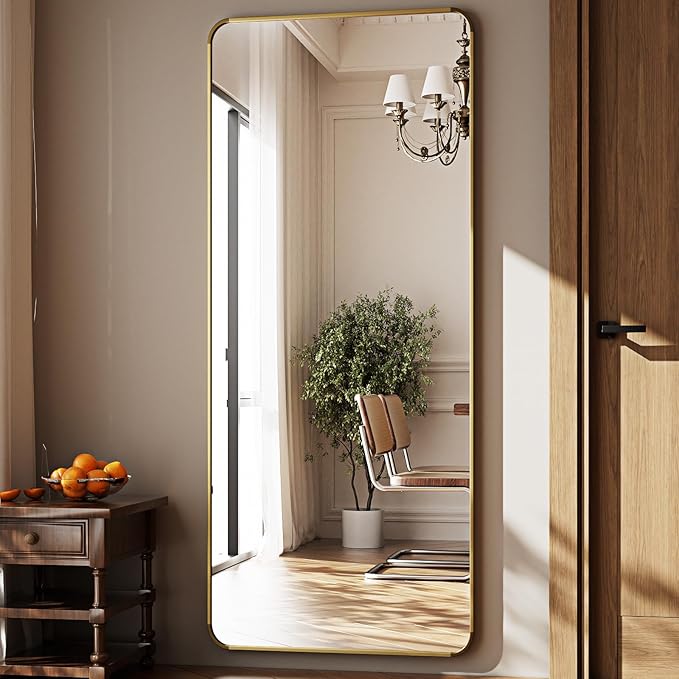 HARRITPURE 66x23 inch Rounded Full Length Mirror Aluminum Frame Mirror Full Length Floor Mirror with Stand for Living Room Bedroom Cloakroom,Gold