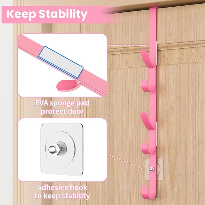 Over The Door Hooks, Metal Door Hooks for Hanging, Over The Door Purse Organizer for Coat Hanger, Back of Shower Door for Hanging Towel Rack Clothes, Hat, Bathroom, Closet (Pink-4Packs)