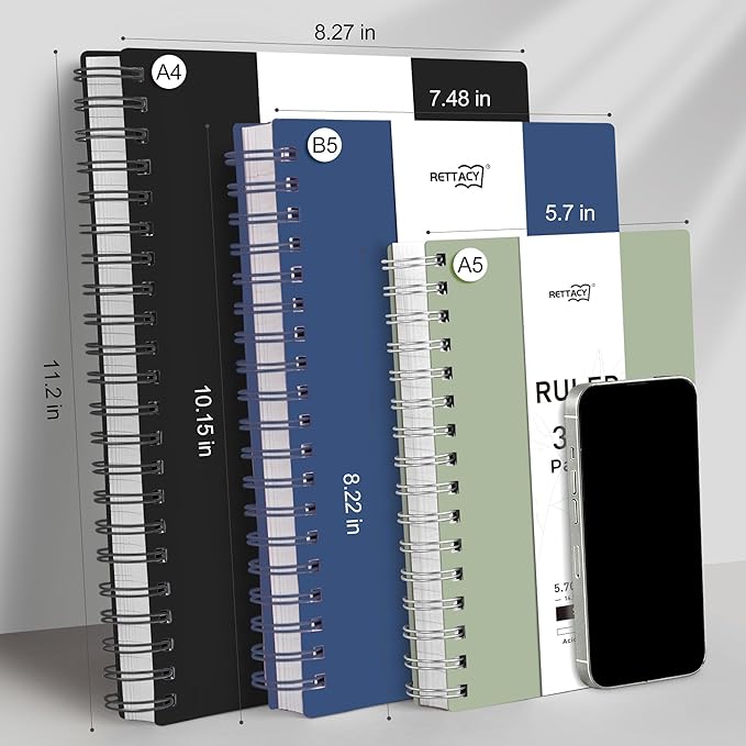 RETTACY Spiral College Ruled Notebook, 300 Pages, B5 Medium Size (7.4" x 10"), for School, Work, Writing, Journaling, 100 GSM Thick Paper, Flexible Plastic Cover (Light Green)