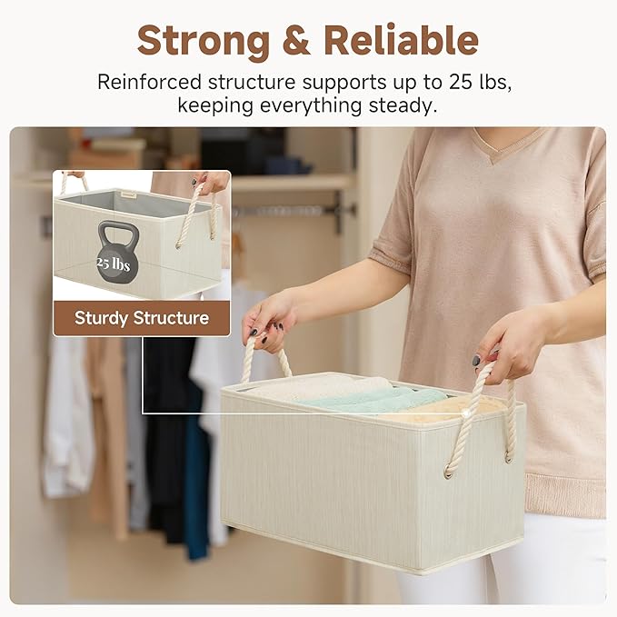 StorageWorks Storage Baskets for Shelves, Foldable Fabric Closet Storage Bins with Handles, Fabric Storage Bins Clothes Organizer, Beige, White & Ivory, 3-Pack, Large