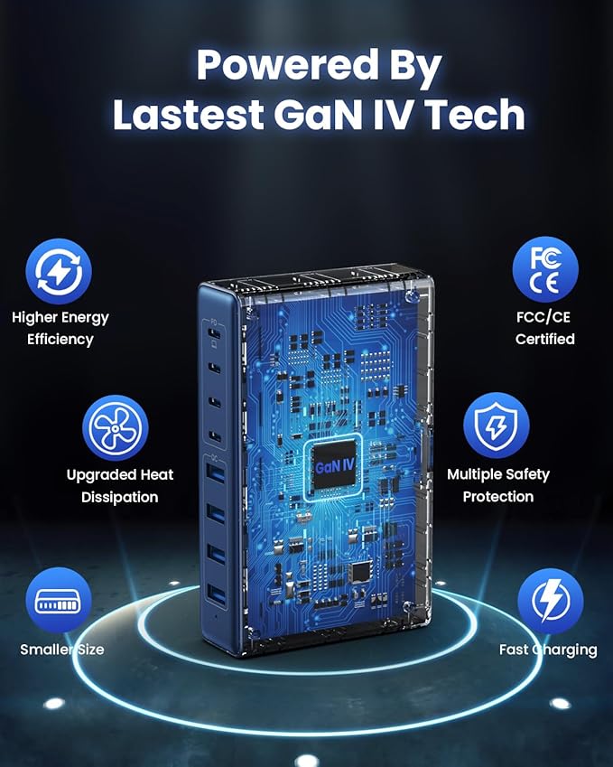 200W USB C Charger Block,GaN IV Charging Station 8 Ports,QC4.0 Fast Charging Station Hub+PD 65W USB C Laptop Charger Adapter Compatible with MacBook Air/Pro,DELL,iPhone 17/16,iPad,Steam Deck-Deep Blue
