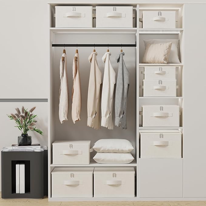 Fabric Underbed Storage Bins with Lid, Foldable Cube Organizer, Home Wardrobe Containers Box for Organizing Clothes, Shoes, Blankets, Pillows, 19.6x15.7x11.8Inches, Beige, 2 Pack