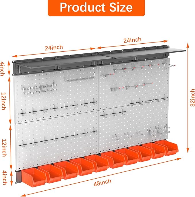 TORACK Metal Pegboard with Peg Board Hooks, Tools Storage Pegboard with Pegboard Hooks, Wall Mounted Storage Bins, Shelves, Tool Organizer Board with Pegs(Grey)