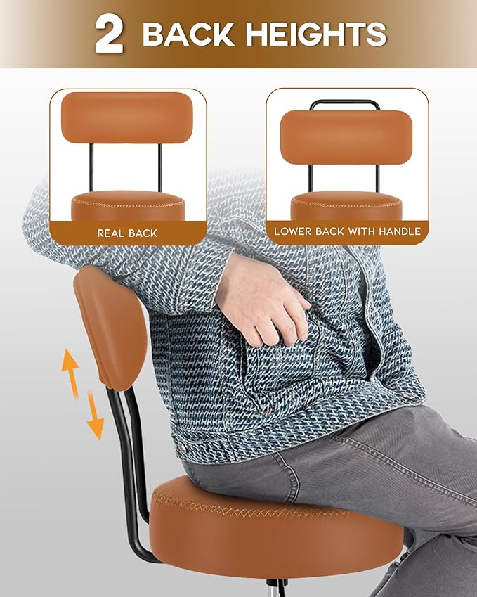 Shop Stool with Lockable Rubber Wheels Adjustable Backrest Tool Tray Storage 400 lb Capacity Rolling Garage Stool (Brown)