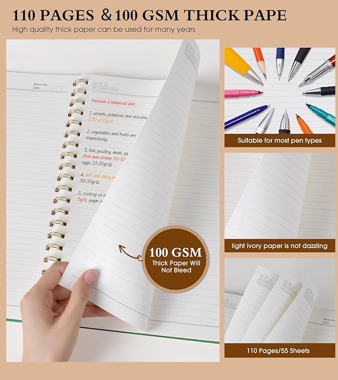 Spiral Notebook Journal 8.5” x 11”, A4 Large Notebooks for Women Men, College Ruled Lined Journal, 100 GSM Paper, Hardcover Spiral Bound Journals for Work School Writing Note Taking Business, Green
