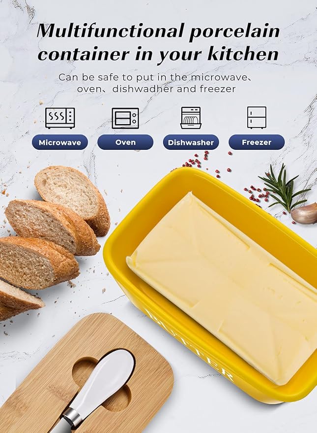 Large Butter Dish With Lid - Ceramic Container for Countertop, Holder With Knife and Sponge Scrubber, Perfect for 2 Sticks, Yellow
