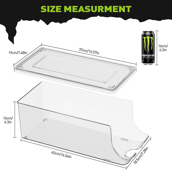 4 Pack Tall Skinny Can Organizer for Refrigerator, Stackable Large Soda Cans of 16oz & 17oz Beverage Energy Drink Container Holder Dispenser with Lid for Fridge, Clear Storage Plastic Bins